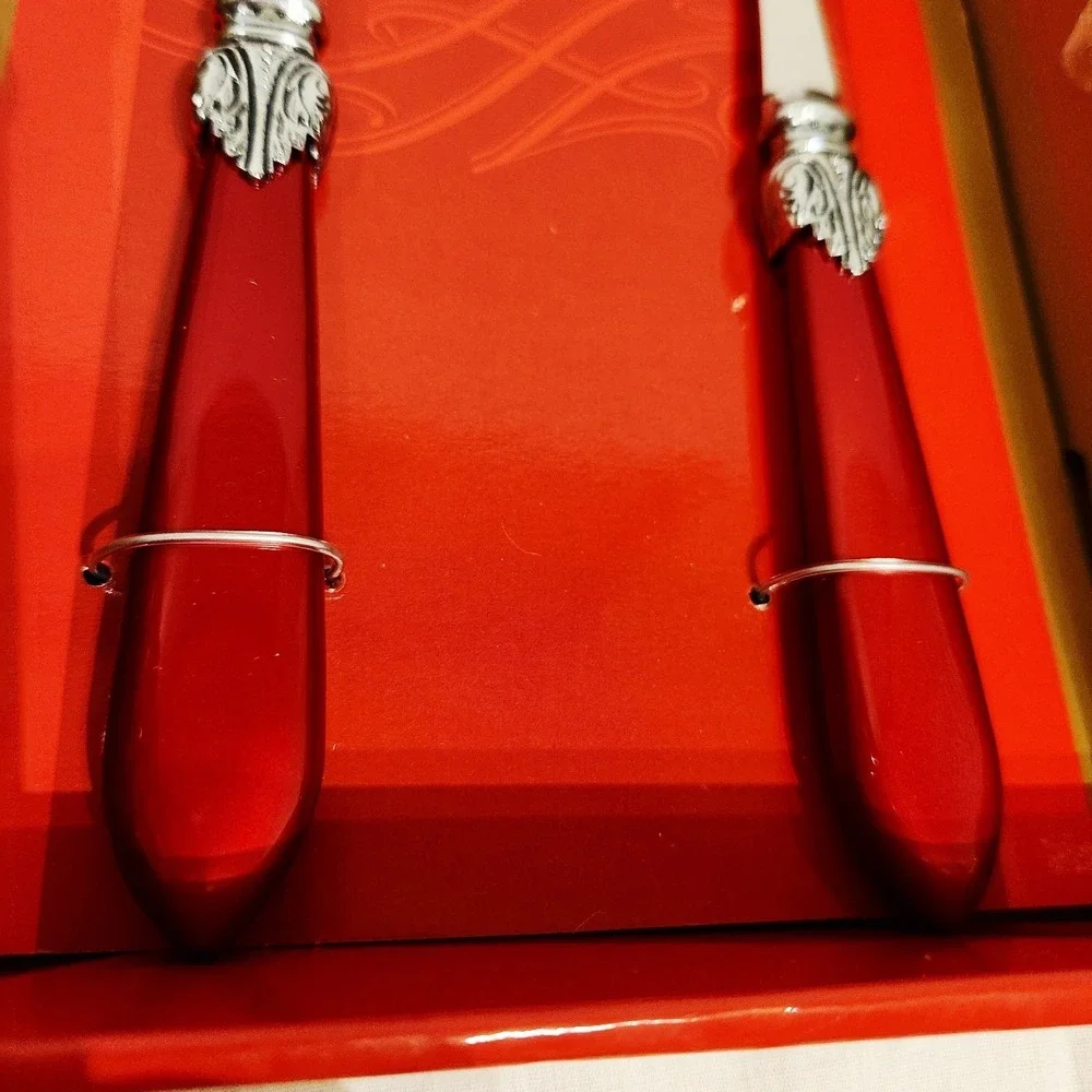 Cleopatra Holiday 2 pc Salad Serving Set Red Metal handle Open Box